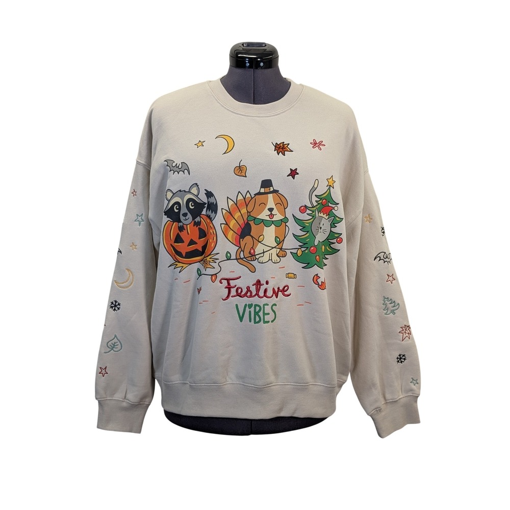 Goodie Two Sleeves Festive Vibes Sweatshirt XL Halloween Thanksgiving Christmas